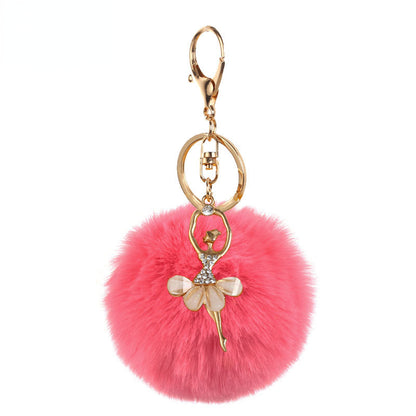 Pom Pom Keychain Alloy Ballet Girl Gold Tone with Rhinestones