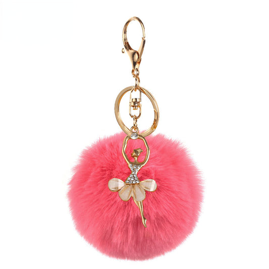 Pom Pom Keychain Alloy Ballet Girl Gold Tone with Rhinestones
