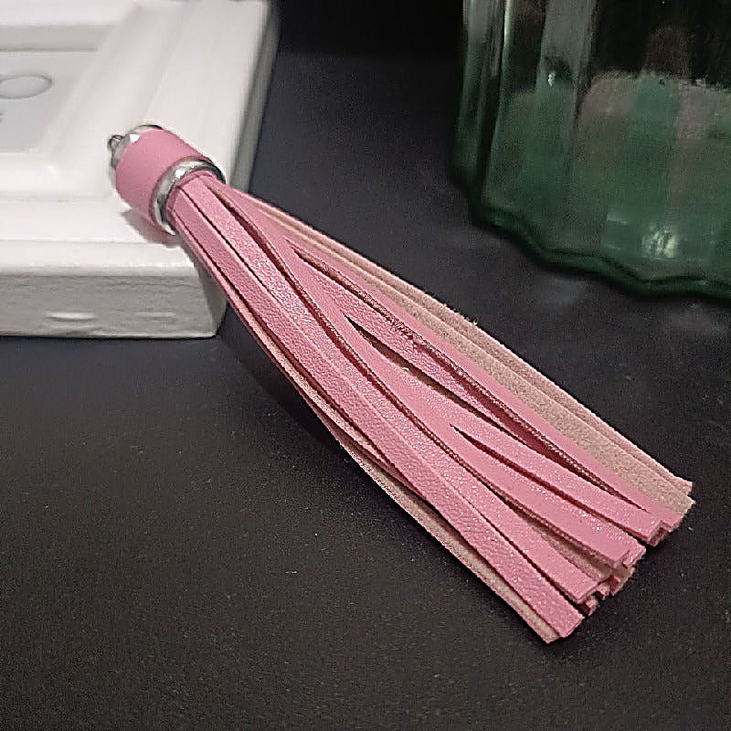 Silver PU Leather Tassel Keychain Metallic 9cm Length - 5 Pink