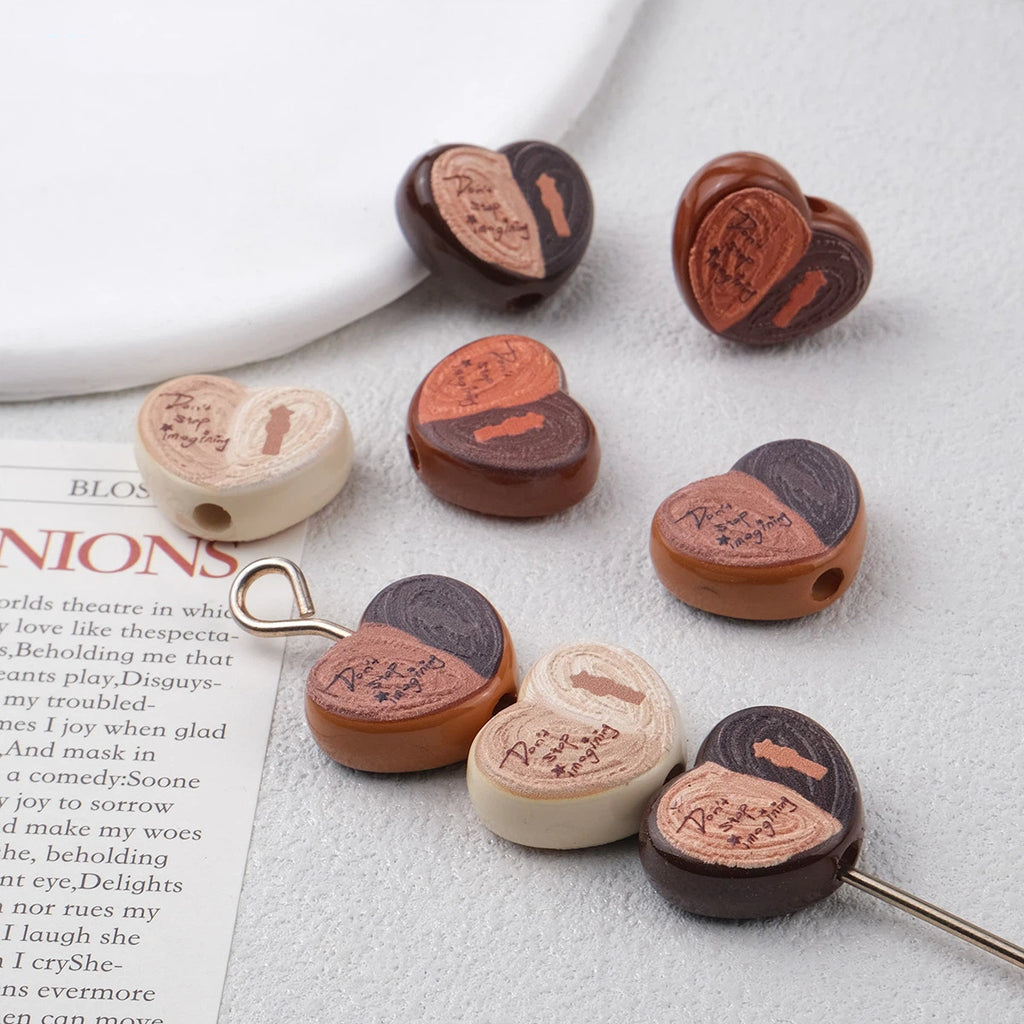 Coffee Bean Heart Acrylic Beads 22mm Rustic Woodgrain Texture 20pcs 2