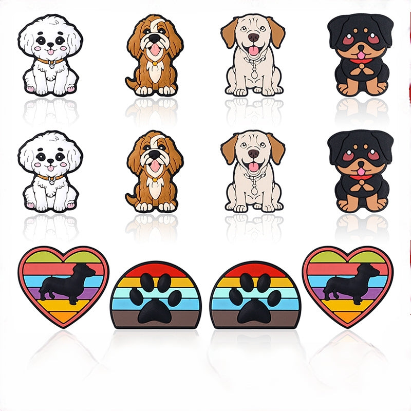 Silicone Focal Beads Puppy Heart Shape Rainbow Paw Prints 20pcs