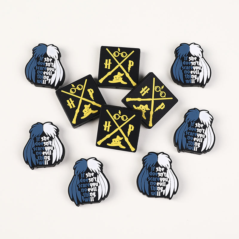 Silicone Focal Beads Witch Magician Black Yellow Symbols 20pcs