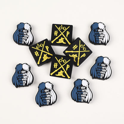 Silicone Focal Beads Witch Magician Black Yellow Symbols 20pcs