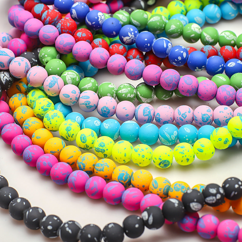 Frosted Round Glass Beads 8mm Neon Splash Pattern 100pcs
