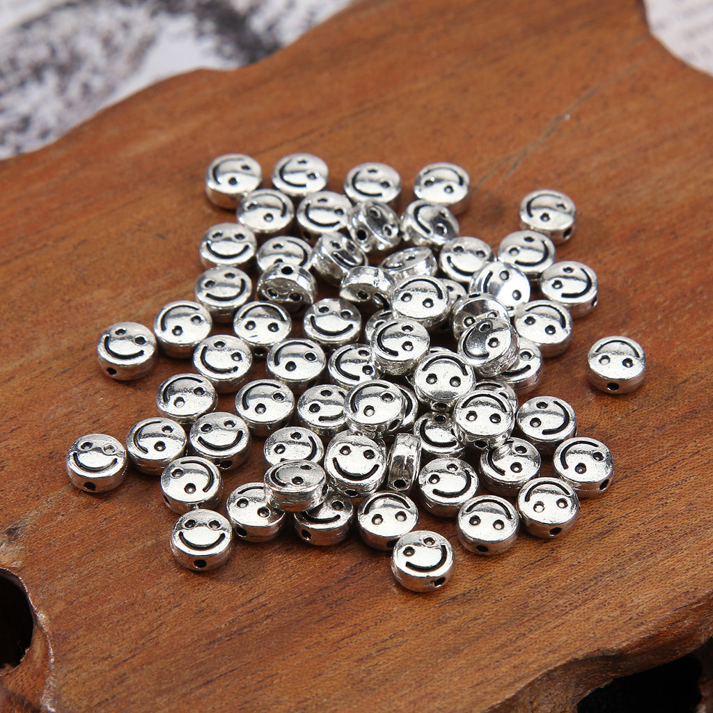 Flat Metal Beads 6mm 10mm Silver Smiling Face Expression 100pcs