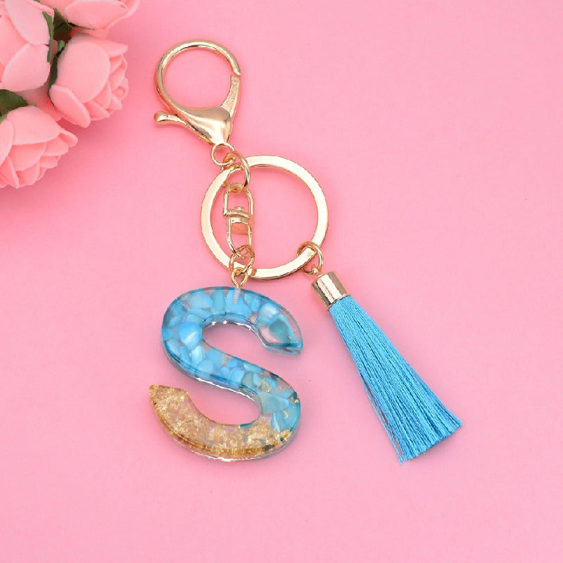Blue Resin Tassel Monogram Keychain with Gold Flake Accent 21