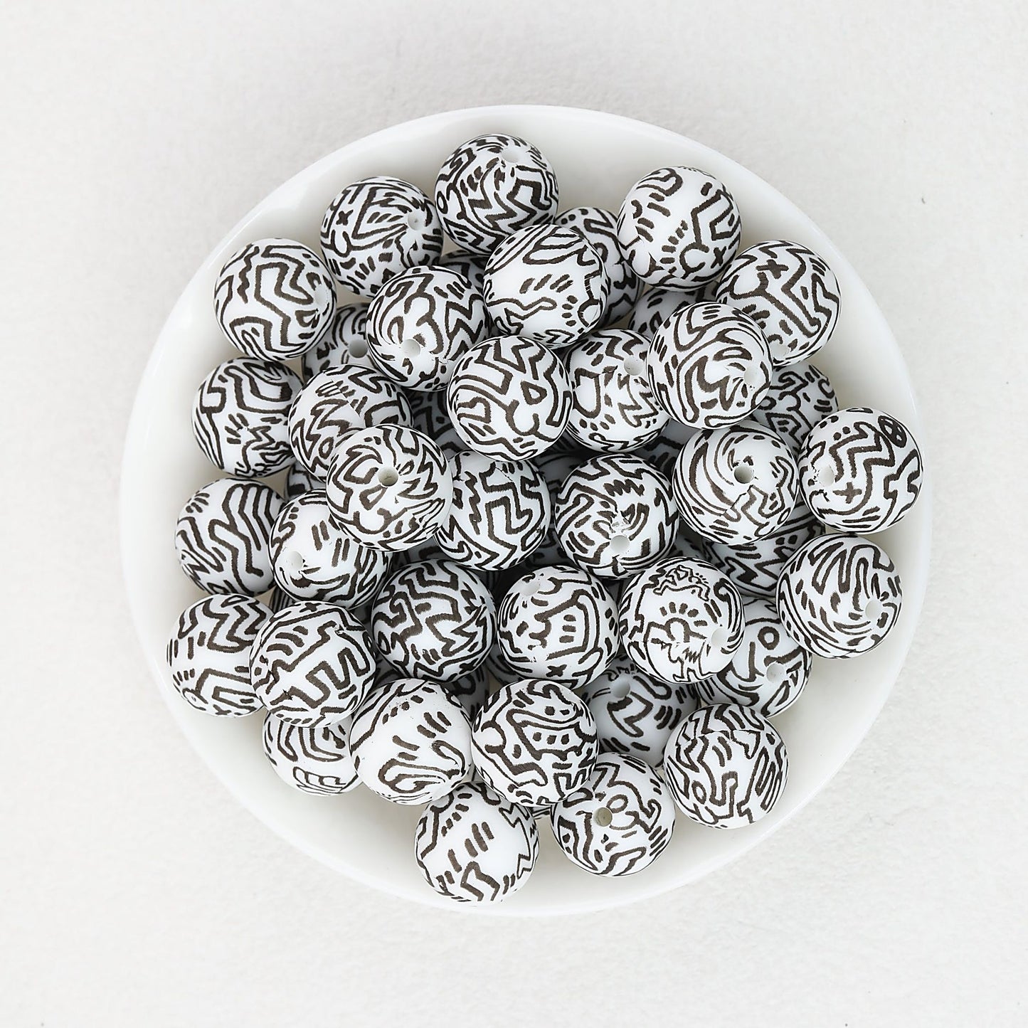 15mm Black and White Patterned Print Round Silicone Beads 50pcs - Doodle