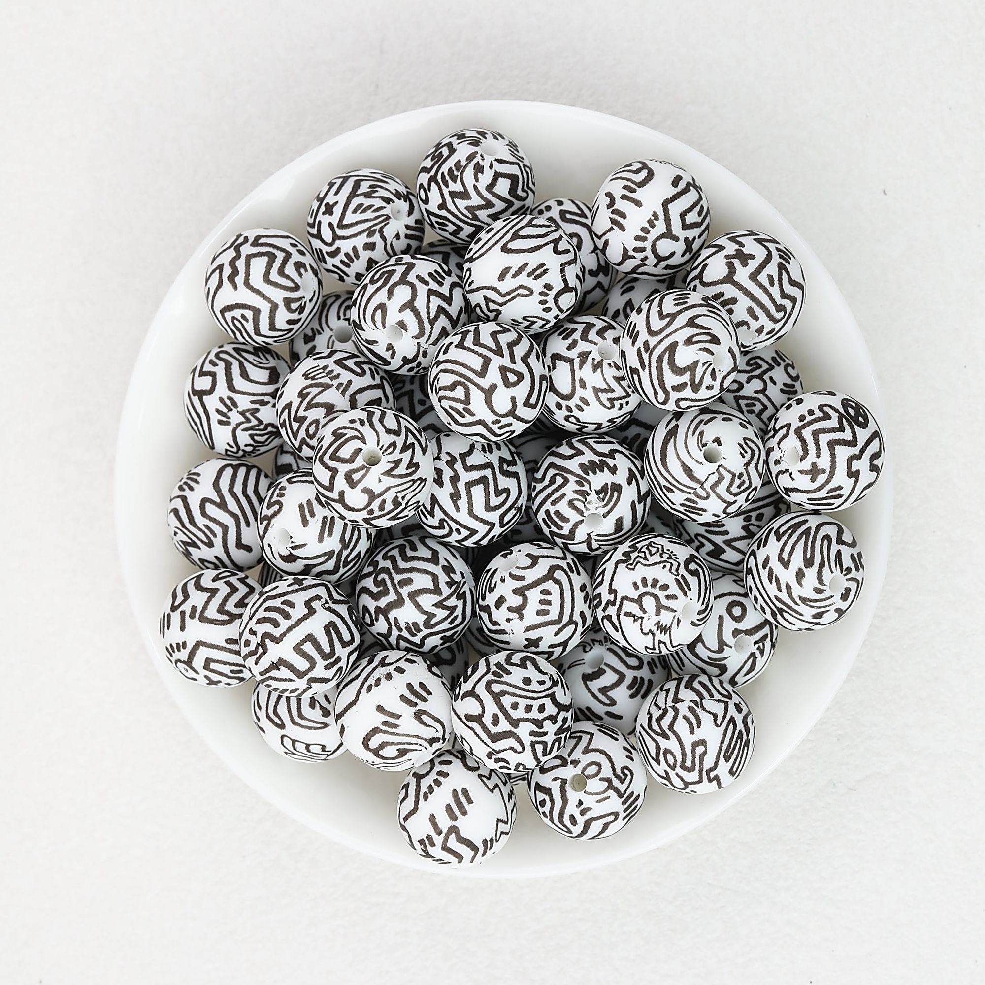 15mm Black and White Patterned Print Round Silicone Beads 50pcs - Doodle