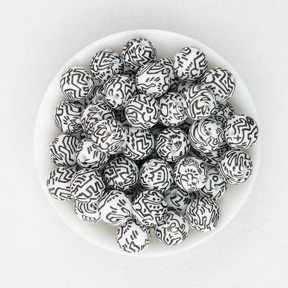 15mm Black and White Patterned Print Round Silicone Beads 50pcs - Doodle