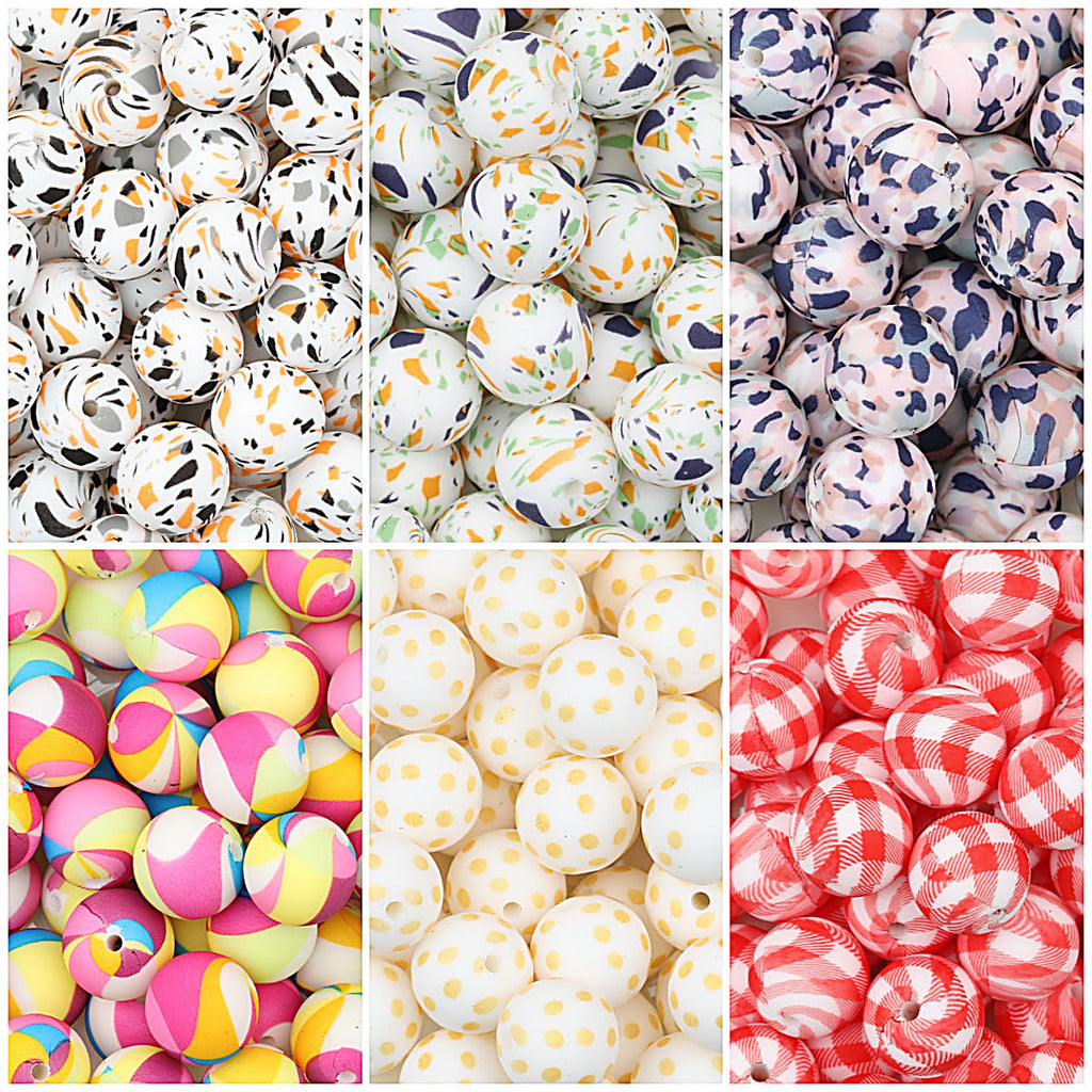 15mm Multicolor Patterned Printed Round Silicone Beads 50pcs