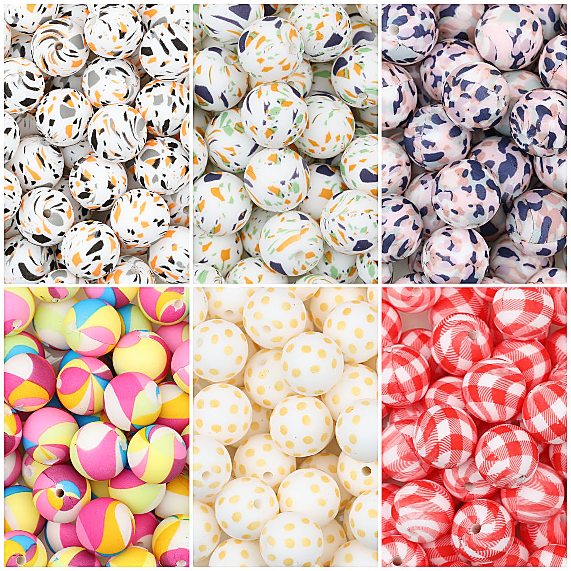 15mm Multicolor Patterned Printed Round Silicone Beads 50pcs
