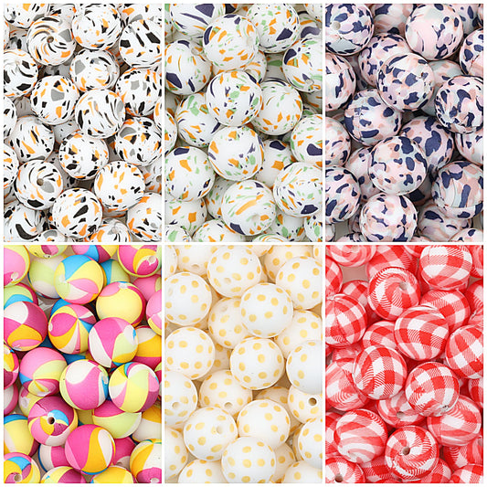 15mm Multicolor Patterned Printed Round Silicone Beads 50pcs