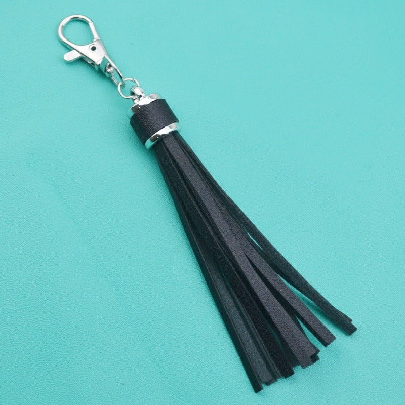 PU Leather Tassel Keychain 9cm Strips Silver Lobster Clasp 27