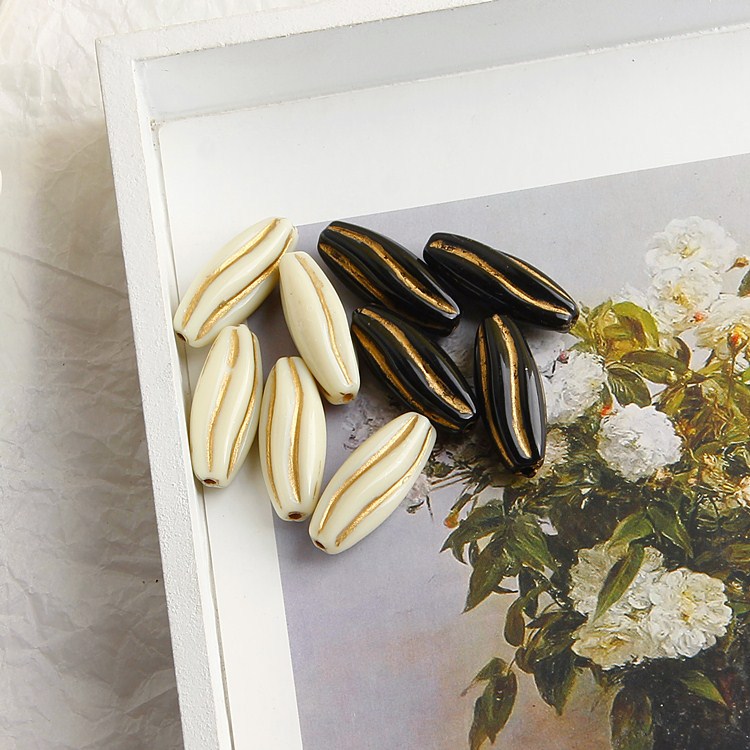 Vintage Gilded Melon Seed Acrylic Beads 8x24mm Creamy White Black 10pcs