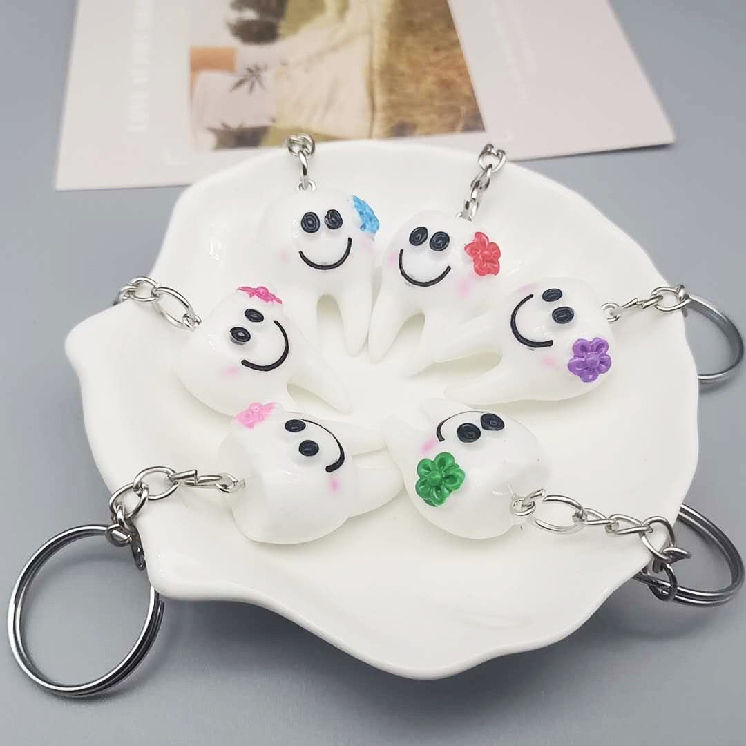 Resin Teeth Keychain Smiling White Tooth with Colorful Flower Charm 10