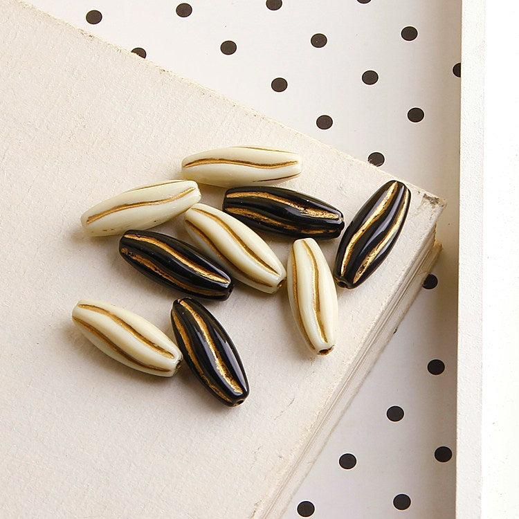 Vintage Gilded Melon Seed Acrylic Beads 8x24mm Creamy White Black 10pcs 4