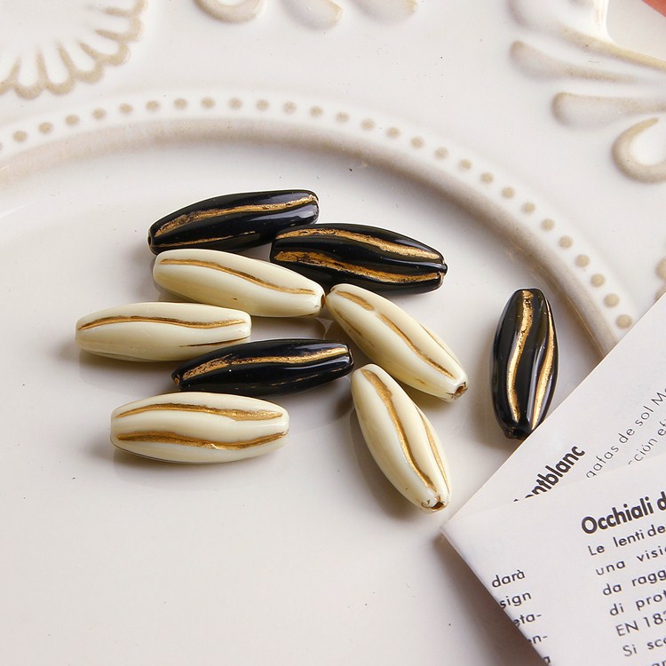 Vintage Gilded Melon Seed Acrylic Beads 8x24mm Creamy White Black 10pcs 3