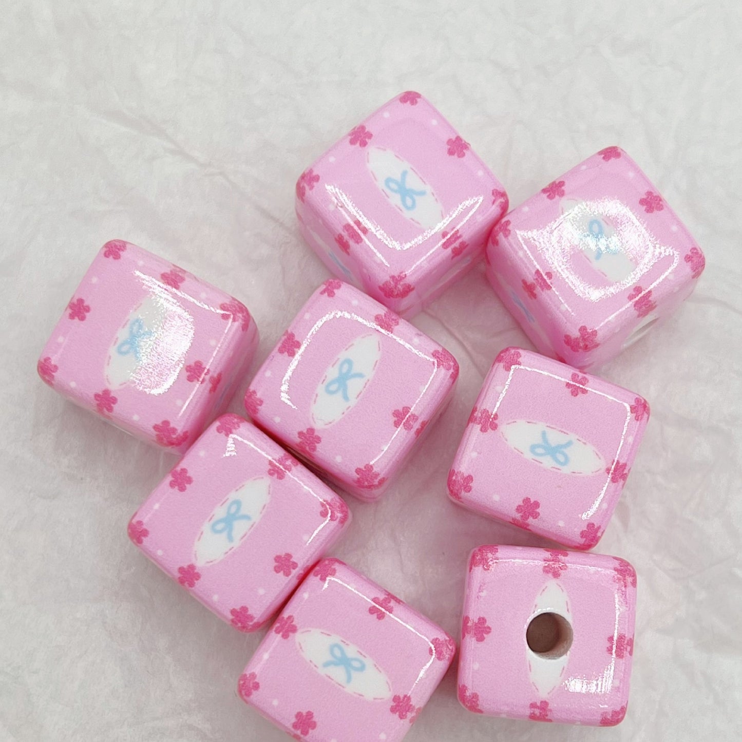 Printed Square Acrylic Beads 14mm Fresh Pink Tone 10pcs 6
