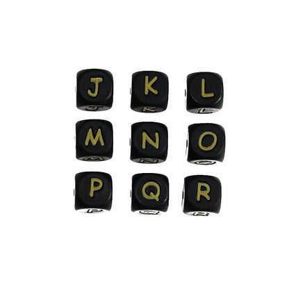 12mm Silicone Letter Beads Black with Golden Letters 20pcs