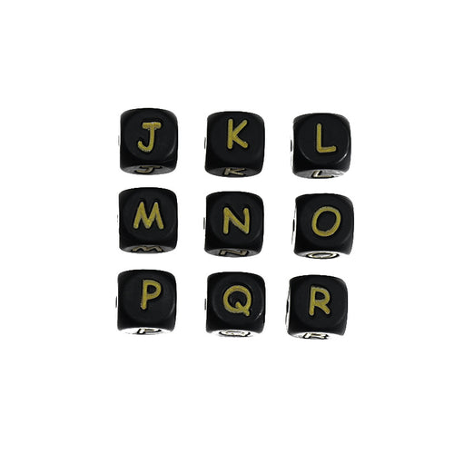 12mm Silicone Letter Beads Black with Golden Letters 20pcs