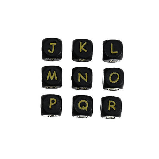 12mm Silicone Letter Beads Black with Golden Letters 20pcs