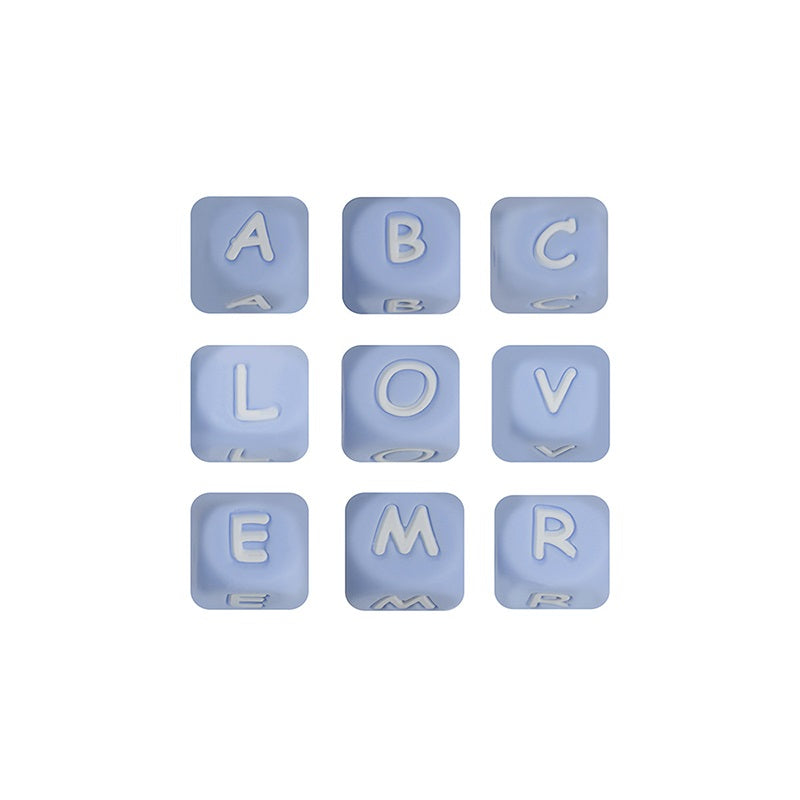 12mm Silicone Letter Beads Blue with White Letters 20pcs