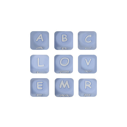 12mm Silicone Letter Beads Blue with White Letters 20pcs