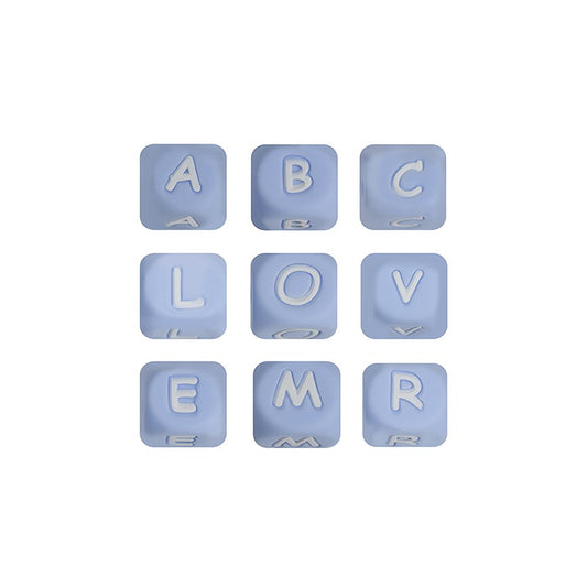 12mm Silicone Letter Beads Blue with White Letters 20pcs