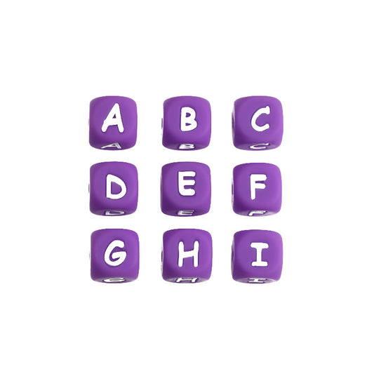 12mm Silicone Letter Beads Purple Cube with White Fonts 20pcs