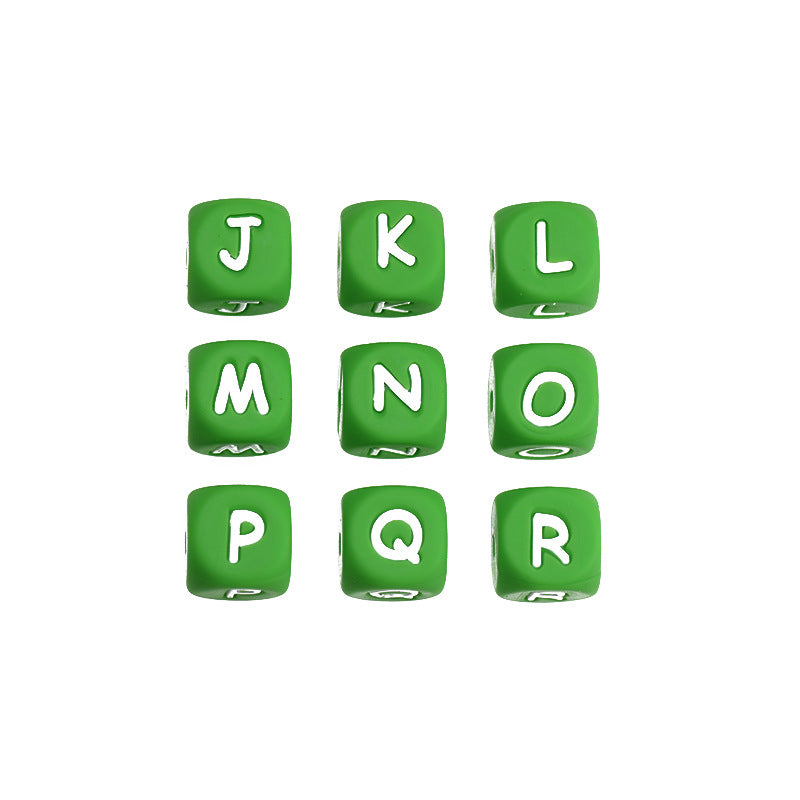 12mm Silicone Letter Beads Green with White Letters 20pcs