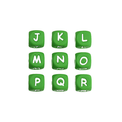 12mm Silicone Letter Beads Green with White Letters 20pcs