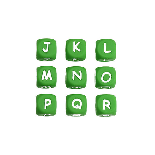12mm Silicone Letter Beads Green with White Letters 20pcs