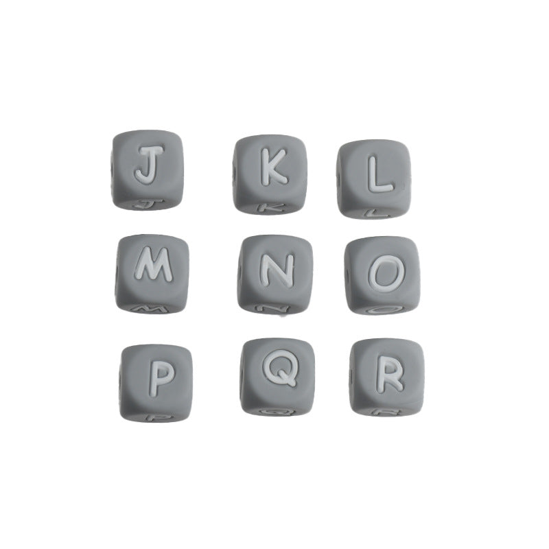 12mm Cube Silicone Letter Beads Grey White Letters 20pcs