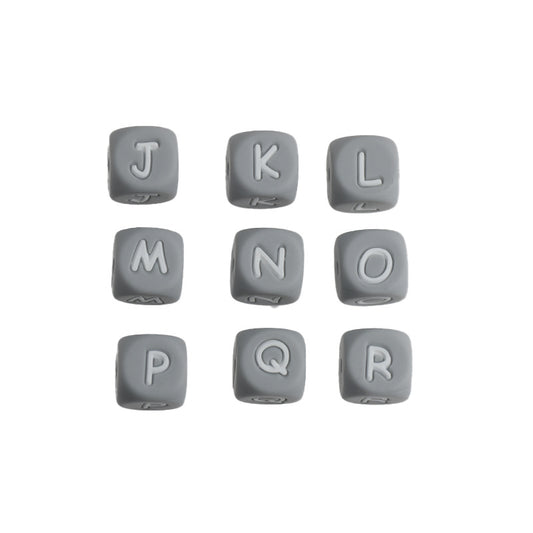12mm Cube Silicone Letter Beads Grey White Letters 20pcs