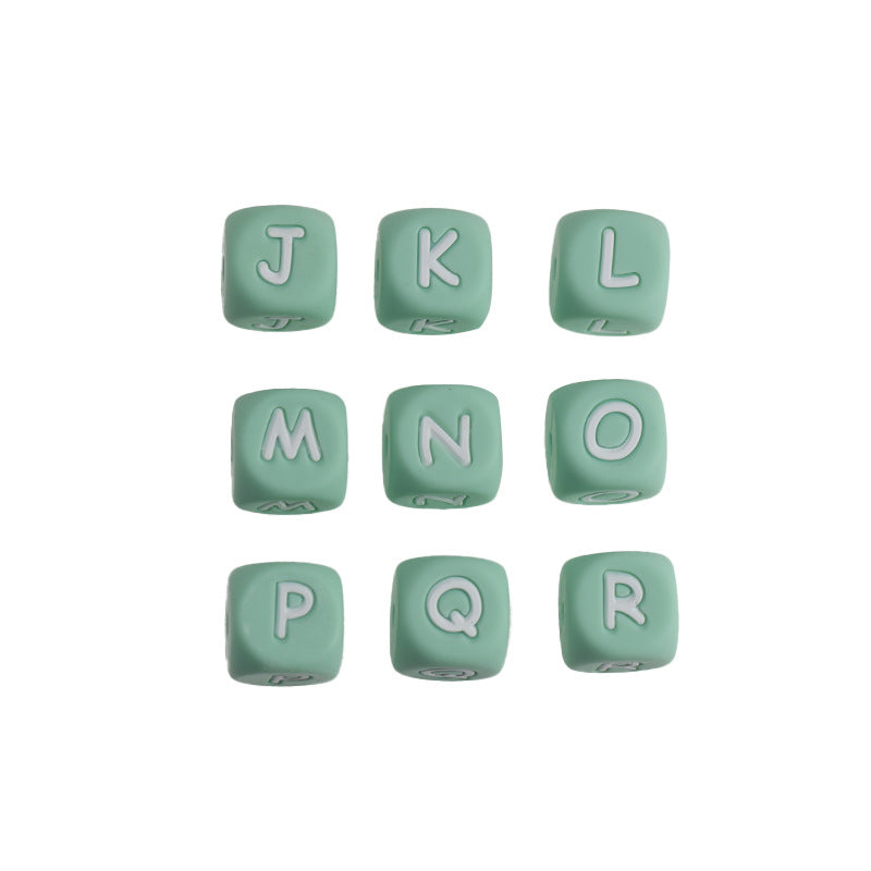 12mm Silicone Letter Beads Mint Green with White Letters 20pcs