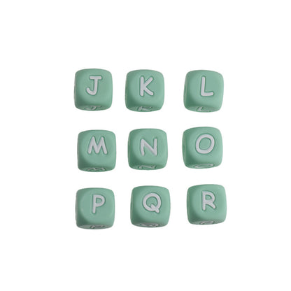 12mm Silicone Letter Beads Mint Green with White Letters 20pcs