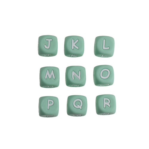 12mm Silicone Letter Beads Mint Green with White Letters 20pcs