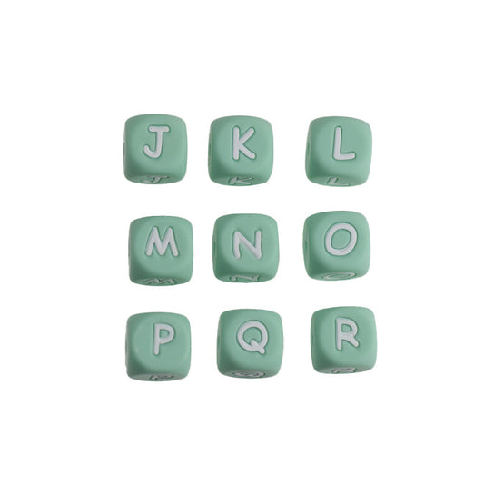 12mm Silicone Letter Beads Mint Green with White Letters 20pcs