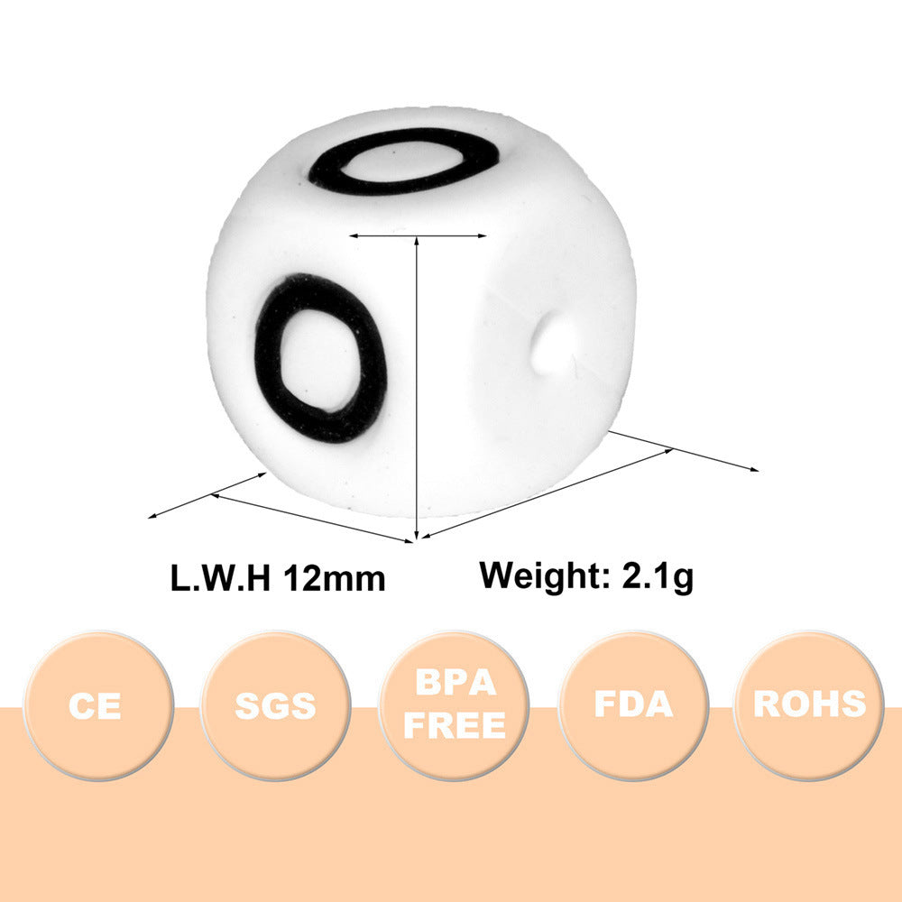 12mm Silicone Letter Beads White Black Lettering 20pcs 2