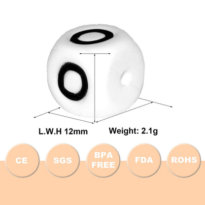 12mm Silicone Letter Beads White Black Lettering 20pcs 2