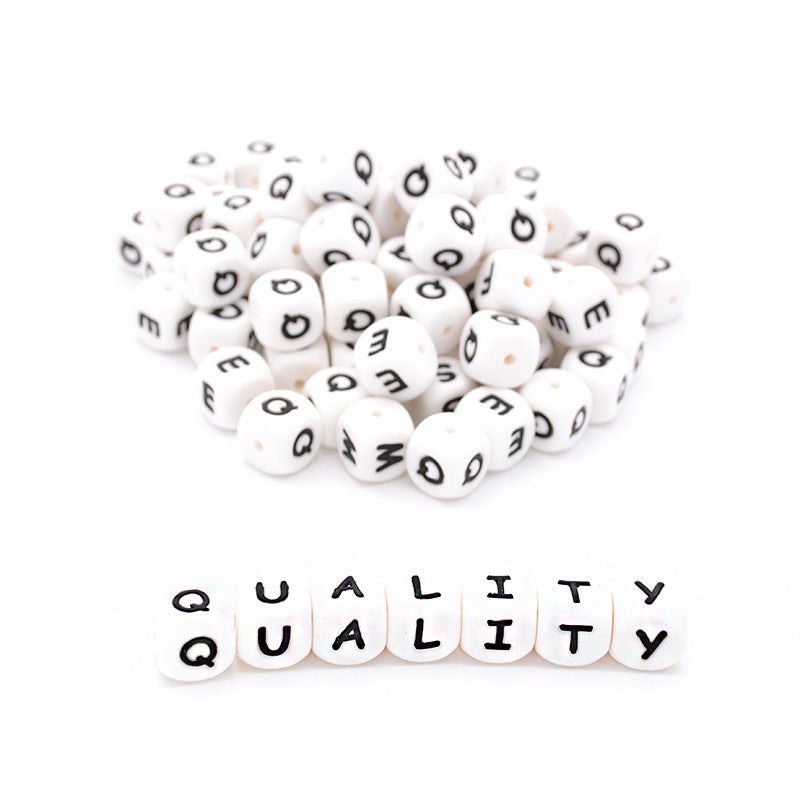 12mm Silicone Letter Beads White Black Lettering 20pcs