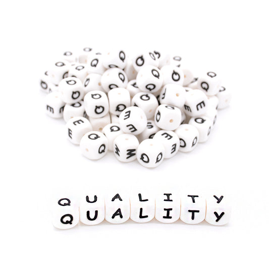 12mm Silicone Letter Beads White Black Lettering 20pcs