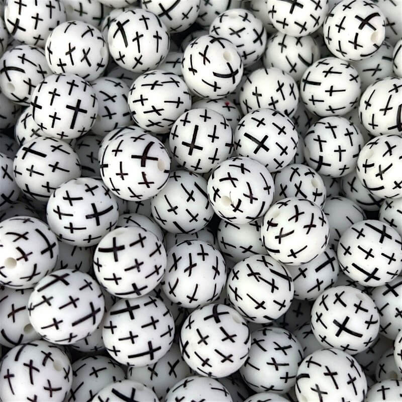 15mm Silicone Beads Black Cross Print Printed Design 50pcs