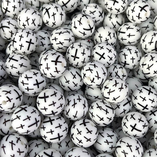 15mm Silicone Beads Black Cross Print Printed Design 50pcs