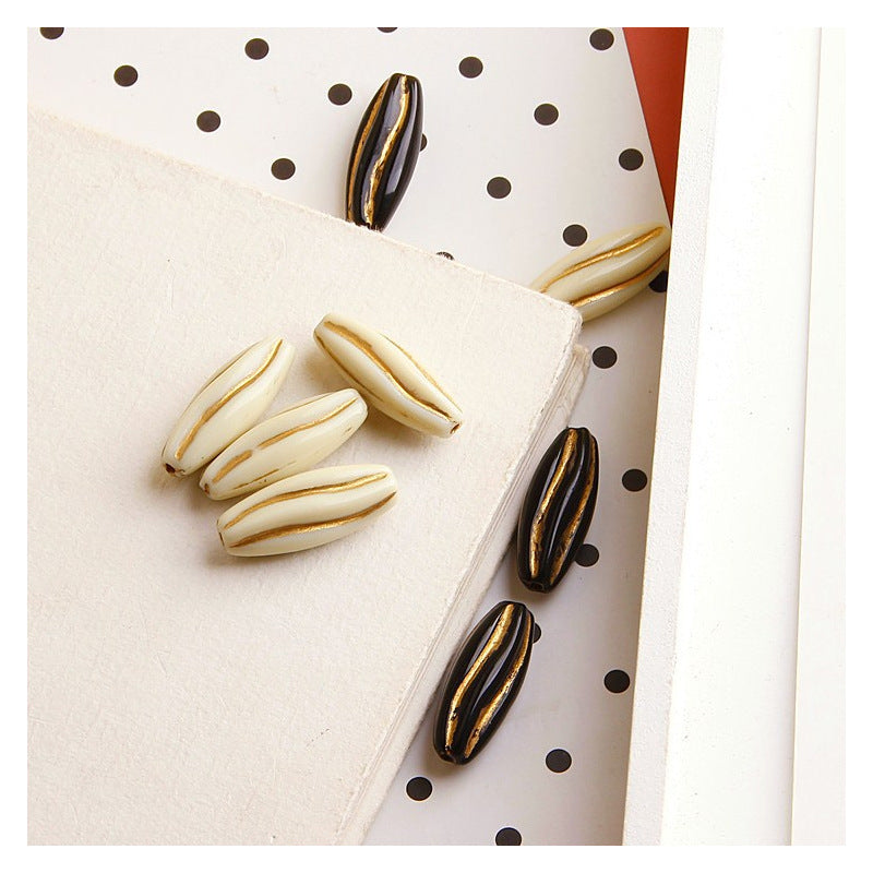 Vintage Gilded Melon Seed Acrylic Beads 8x24mm Creamy White Black 10pcs 5