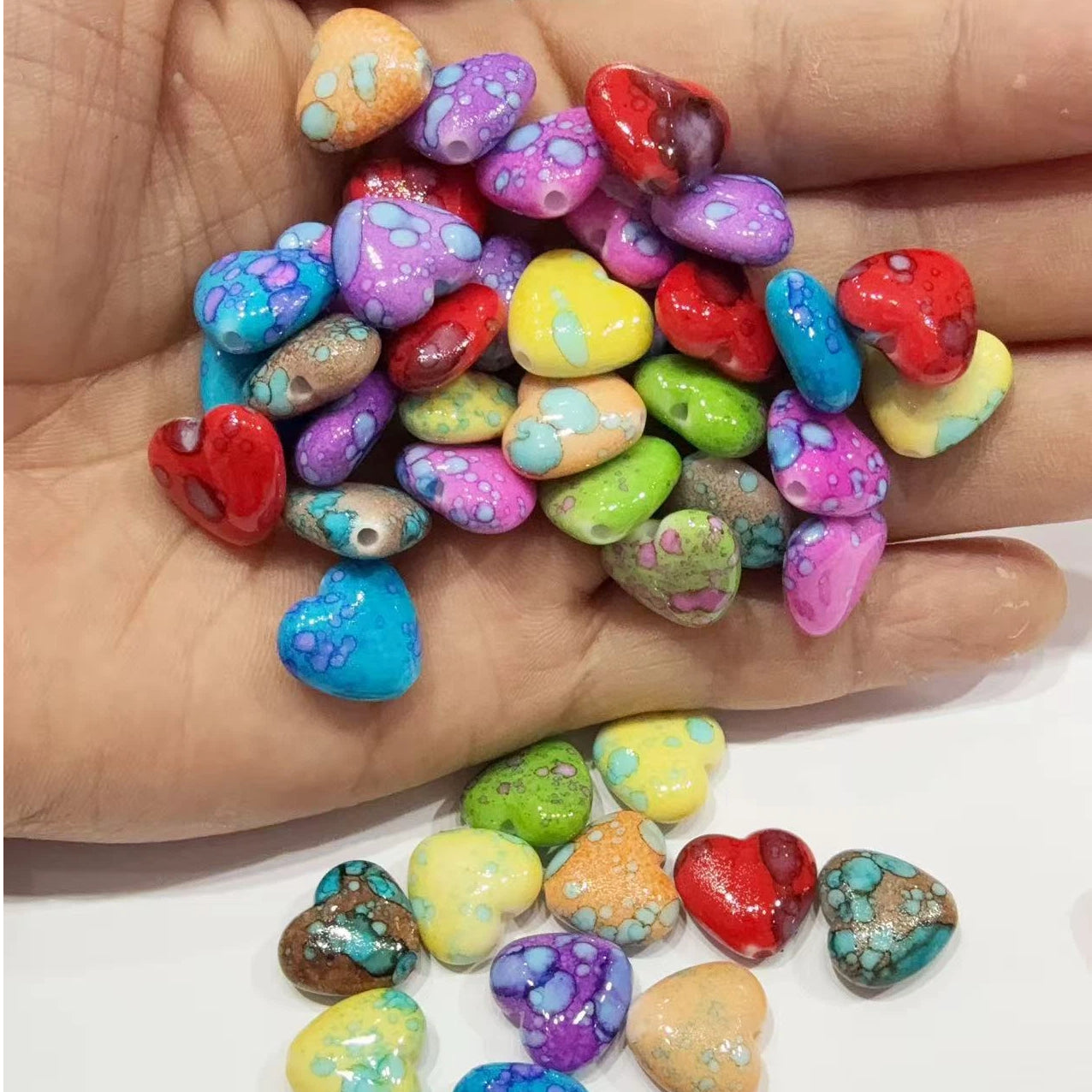 Blooming Ink Color Heart Acrylic Beads 15mm Colorful Mixed 100pcs 14