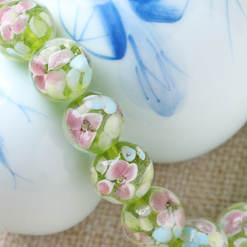 Lampwork Glass Beads Round 12mm 14mm Antique Floral Pattern 10pcs 6