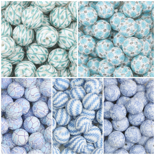 15mm Patterned Silicone Round Beads Geometric Printed Designs 50pcs