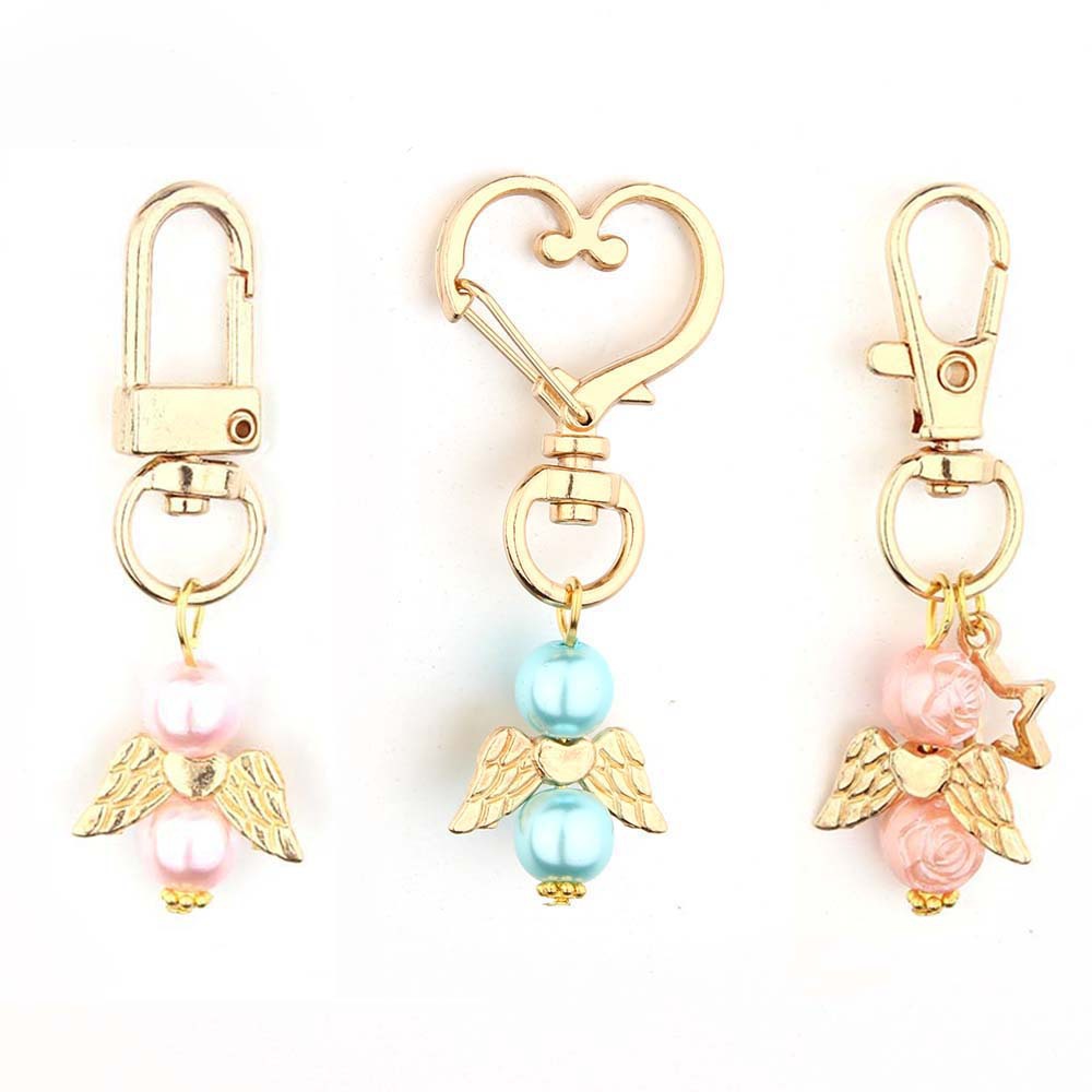 Alloy Baby Baptism Keychain Gold Tone Angel Wings Pastel Beads