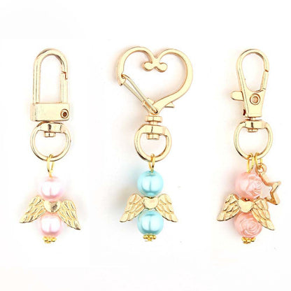 Alloy Baby Baptism Keychain Gold Tone Angel Wings Pastel Beads